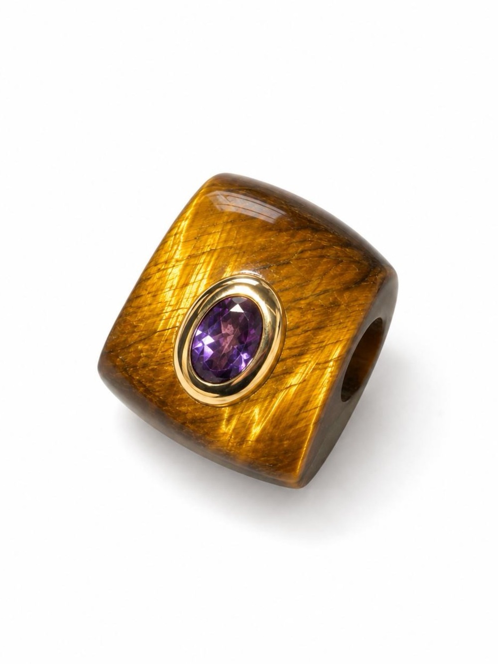 14K Solid Gold Tiger Eye & Amethyst Bezel Set Pendant Charm 17x13mm